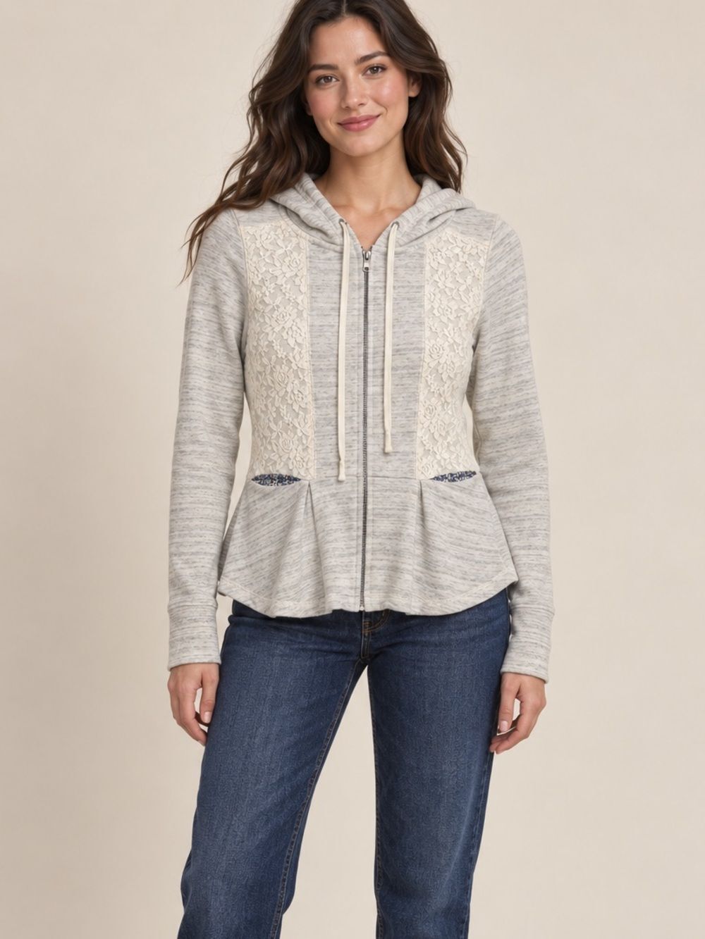 Saturday Sunday Anthropologie Lace Peplum Zip Hoodie Jacket Size M
